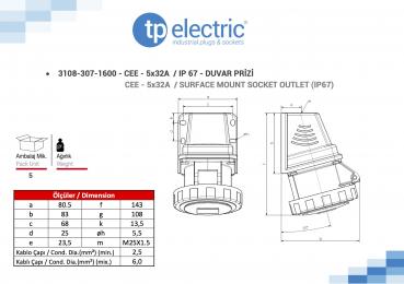 Preview: CEE Wandsteckdose 5P 32A 6h IP67